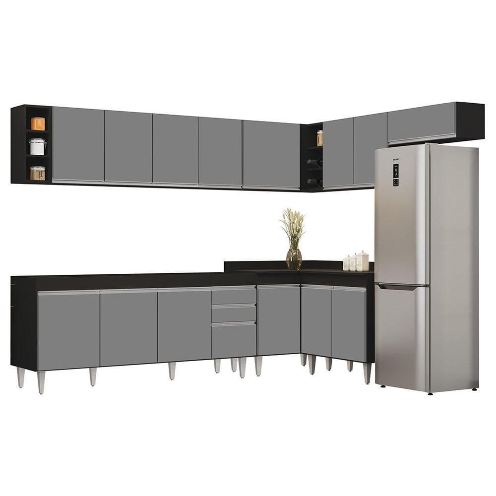 Armário De Cozinha Modulado De Canto 8 Peças Cp25 Balcão Sem Tampo Preto-cinza