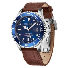 Relogio suico automatico Depthmaster 883L de 42mm, mostrador azul e pulseira de couro marrom com fivela de implantacao Stuhrling.