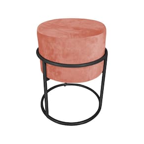 Puff Decorativo Redondo Base De Ferro Preta Tecido Veludo Rosê - Rosa
