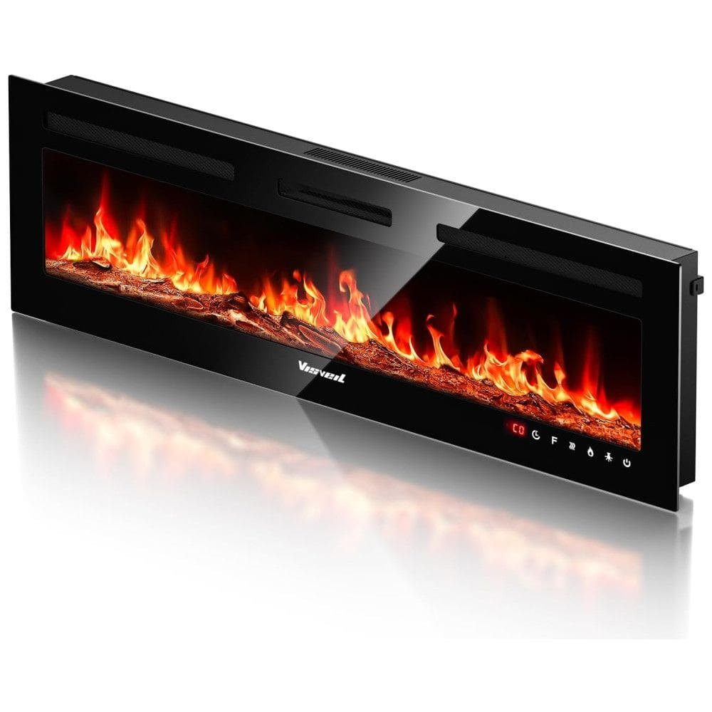 Lareira Elétrica de Embutir A43x152L cm com Temporizador, Controle Remoto e Digital, 110V 1500W, VISVEIL, Preta