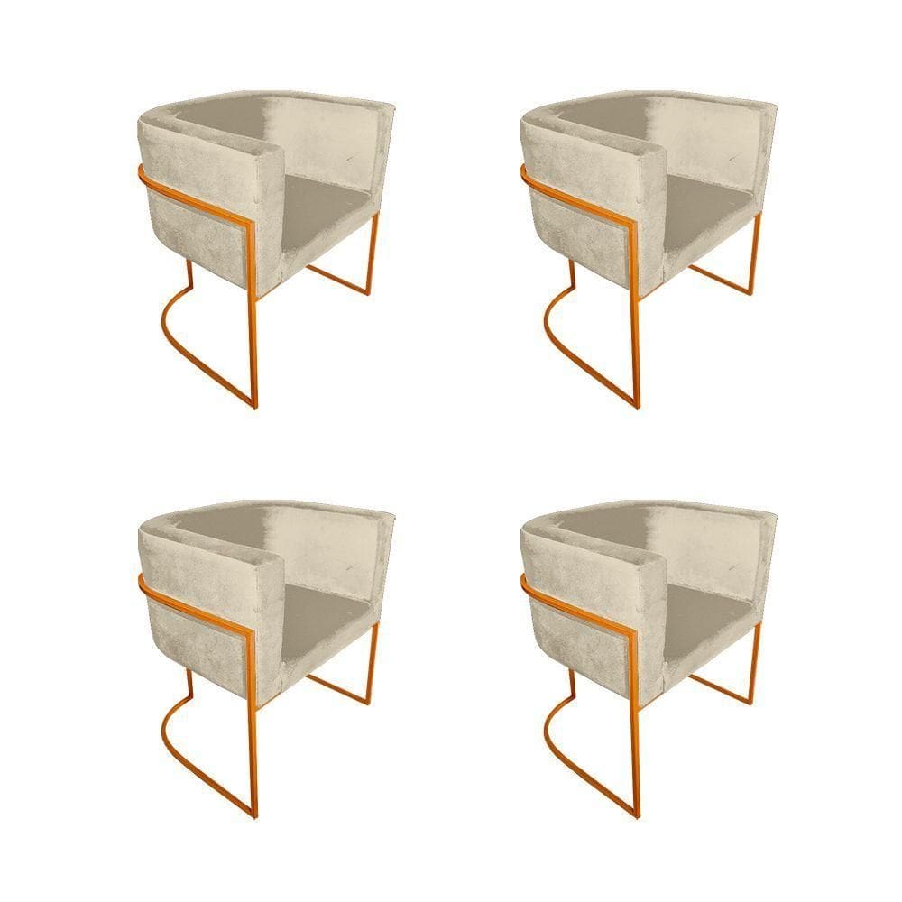 Kit 4 Poltronas Decorativa Sala De Estar Base De Ferro Cobre Veludo Bege