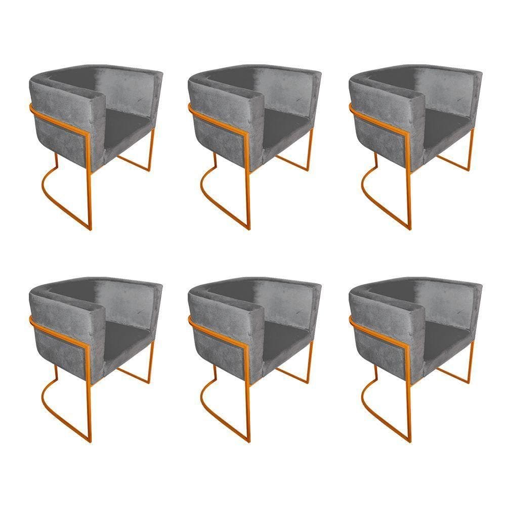 Kit 6 Poltronas Decorativa Sala De Estar Base De Ferro Cobre Veludo Cinza