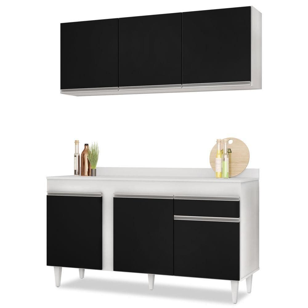 Armário Aéreo Argélia E Balcão Gabinete Para Pia Com Tampo 150Cm Dakota Branco/Preto- Lumil
