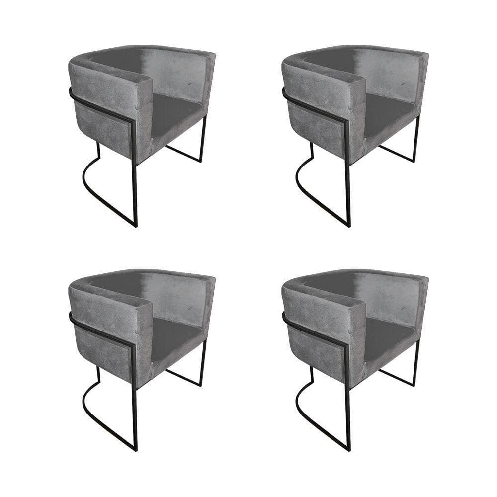Kit 4 Poltronas Decorativa Sala De Estar Base De Ferro Preta Veludo Cinza