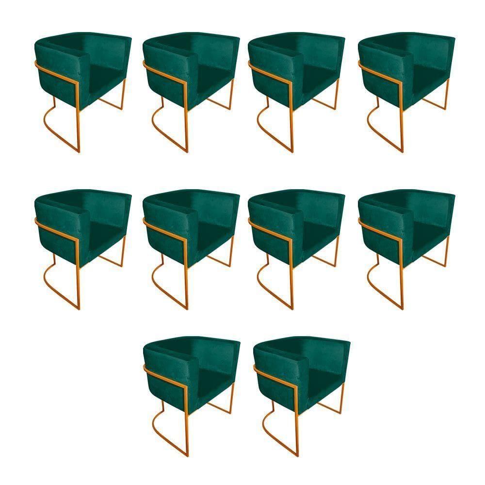 Kit 10 Poltronas Decorativa Sala De Estar Base De Ferro Cobre Veludo Verde