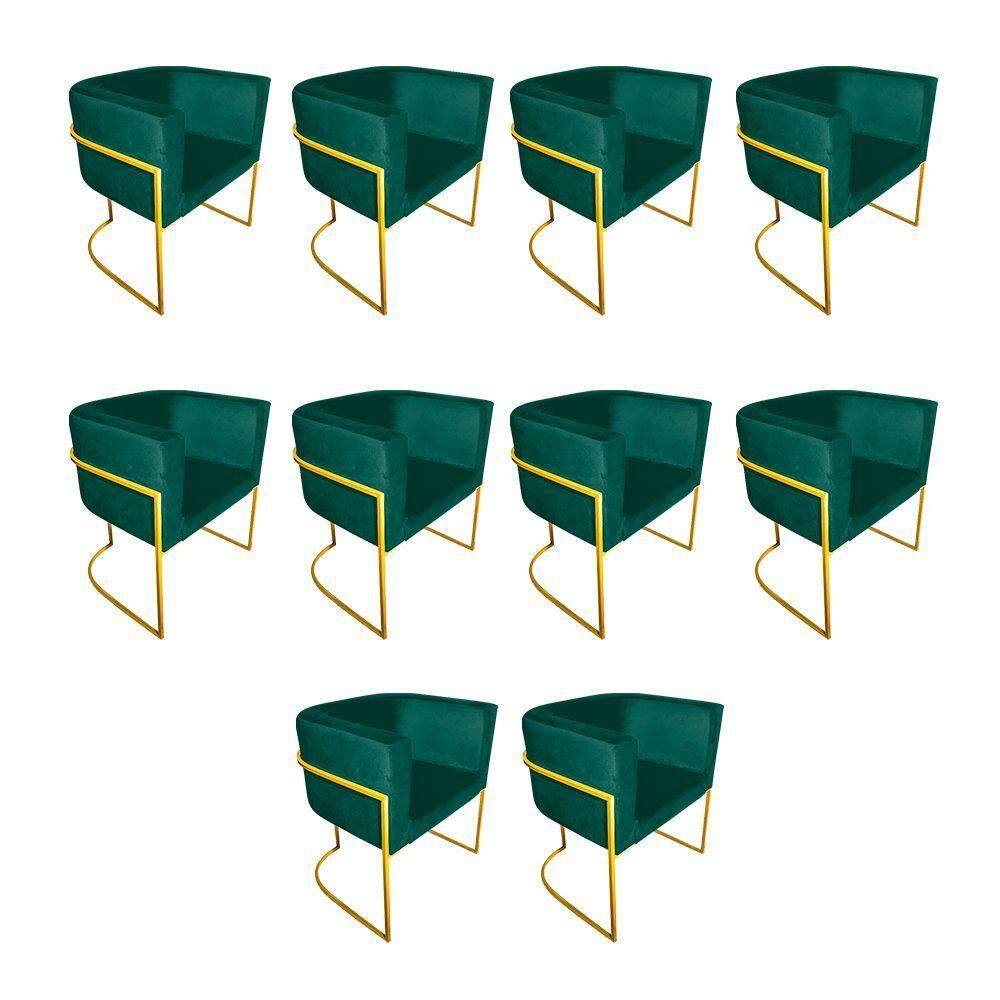 Kit 10 Poltronas Decorativa Sala De Estar Base De Ferro Dourada Veludo Verde