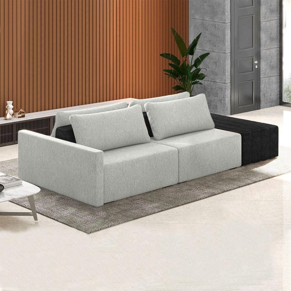 Sofá Ilha Modulado Milos 232cm Puff Lateral Cinza Preto Manchado Linho/pu G33 - Gran Belo