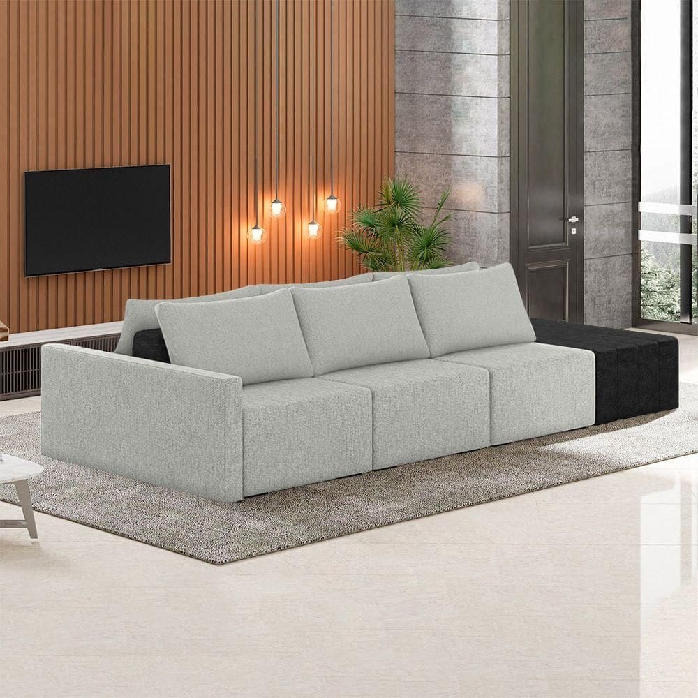 Sofá Ilha Modulado Milos 312cm Puff Lateral Cinza Preto Manchado Linho/pu G33 - Gran Belo