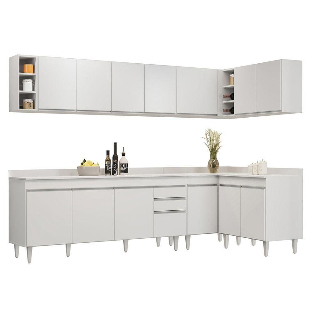 Armário De Cozinha Modulado De Canto 7 Peças Cp35 Balcão Com Tampo Branco