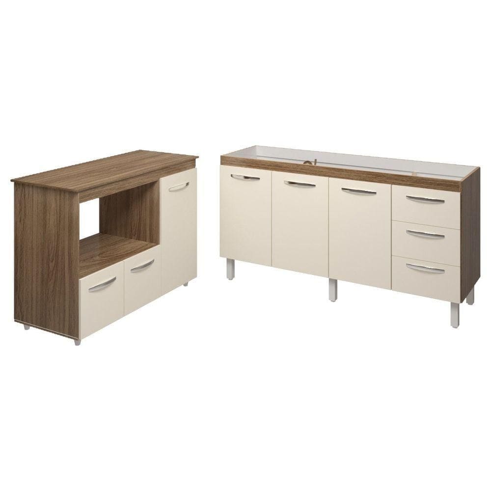 Balcão Cozinha Armário Gabinete De Pia 160 Cm Estela E Balcão Para Microondas E Forno Elétrico Lilian Savana Off White