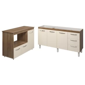 Balcão Cozinha Armário Gabinete De Pia 160 Cm Estela E Balcão Para Microondas E Forno Elétrico Lilian Savana Off White