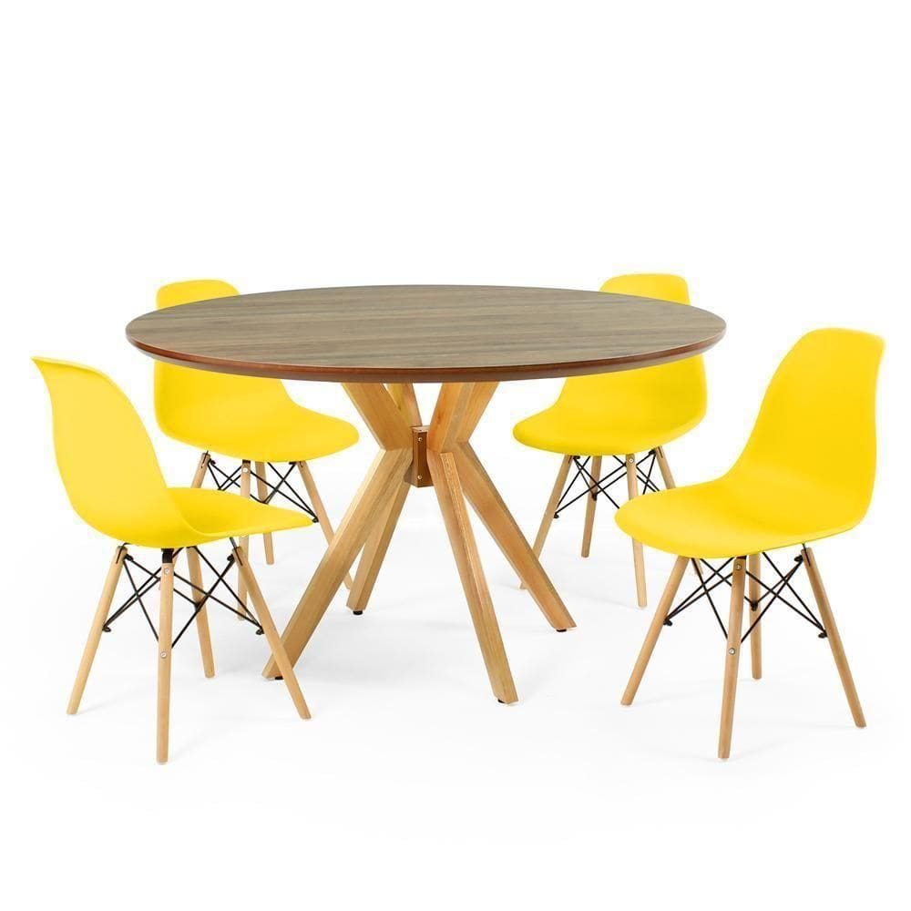 Mesa De Jantar Redonda Natural 4 Cadeiras Amarelo