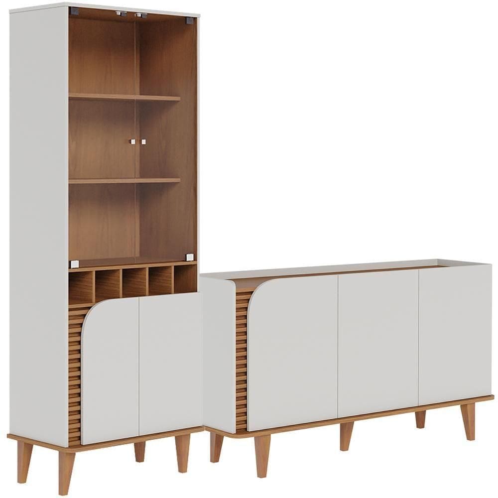 Kit Aparador Buffet Living Com Cristaleira Adega Julia C04 Off White Matte Freijó - Lyam Decor