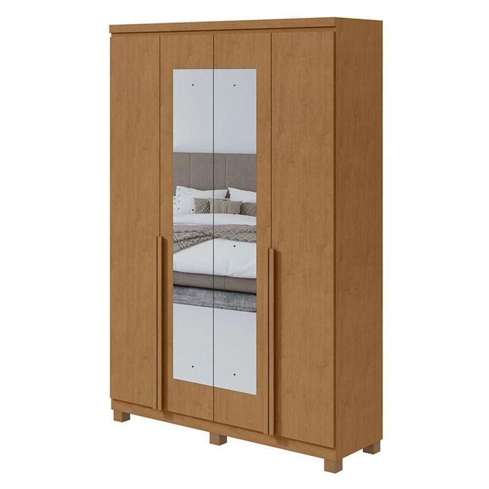 Guarda Roupa Solteiro Alonzo 4 Portas Amêndoa Clean Com Espelho E Pés - Lopas