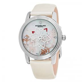 Relgio Feminino Suo Prata com Mostrador Branco e Pulseira de Couro Genuno Revestida de Cetim Bege, Stuhrling.