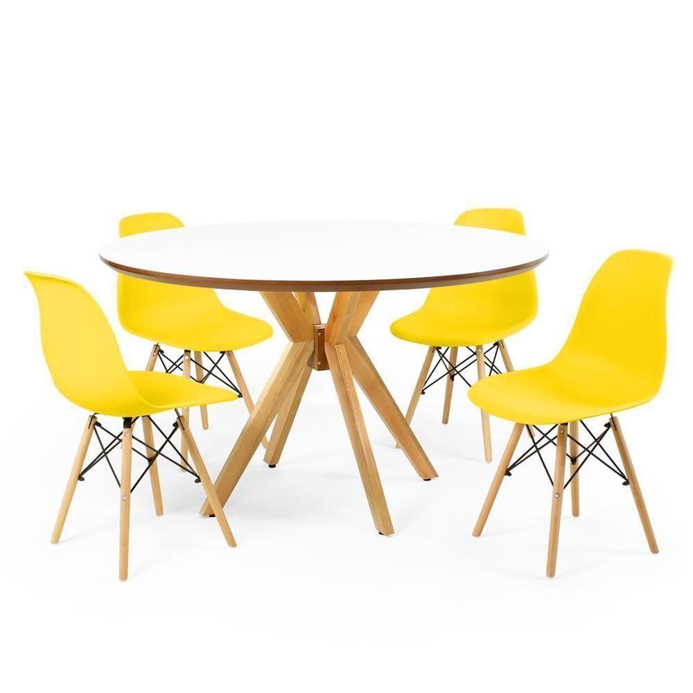 Mesa De Jantar Redonda Marci Branca 4 Cadeiras Amarelo