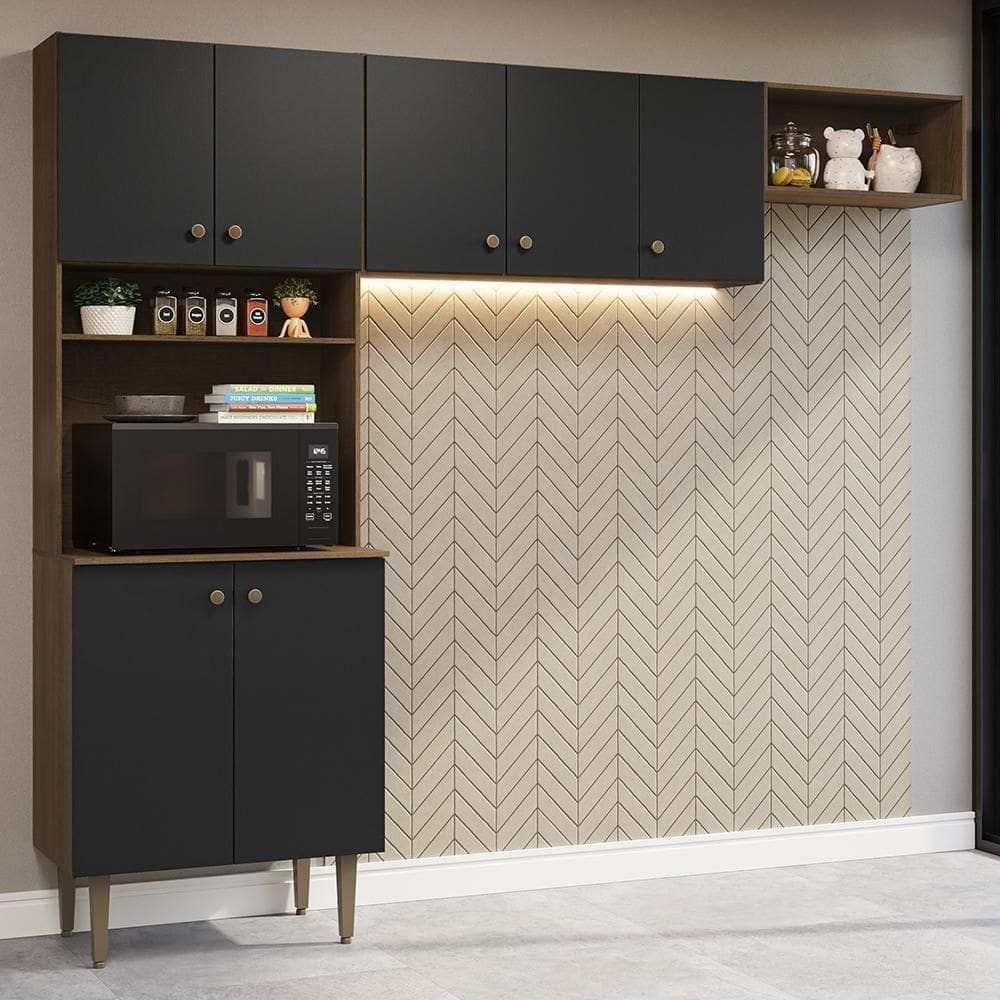 Armário De Cozinha Compacta 235cm Rustic/preto Gourmet Madesa Xb03 Rustic/preto