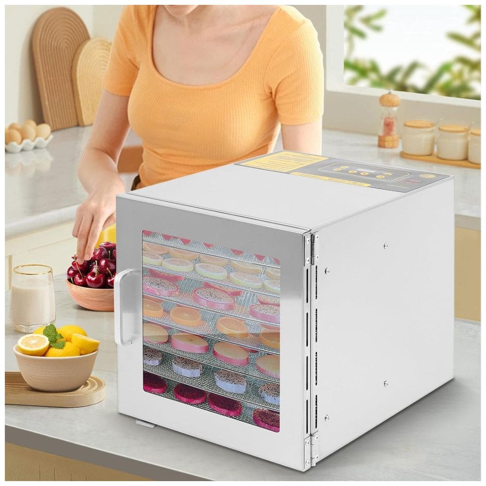 Desidratador de Alimentos FAHKNS, 8 Bandejas de Aço Inoxidável, Controle de Temperatura 88°C, Temporizador 24H, 700W