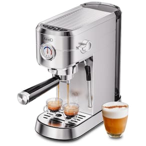 Máquina de Café Expresso Profissional 20 Bar com Espumador de Leite em Aço Inoxidável, 110V 1350W, Gevi, Prata