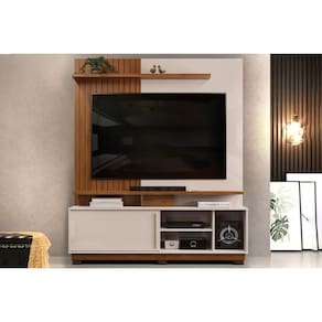 Home p/TV até 55 Polegadas Athenas c/ Prateleira Nichos e Rodapé 150x179cm Freijó/Off White - DJ Móveis
