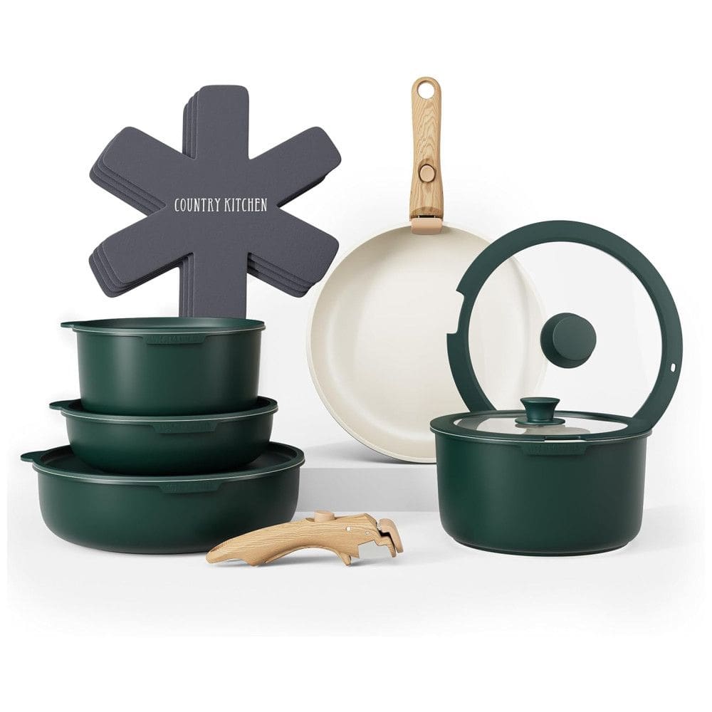 Jogo de Panelas e Frigideiras, Material em Alumínio com 16 Peças e Cabo de Madeira Removível, Country Kitchen, Verde Escuro