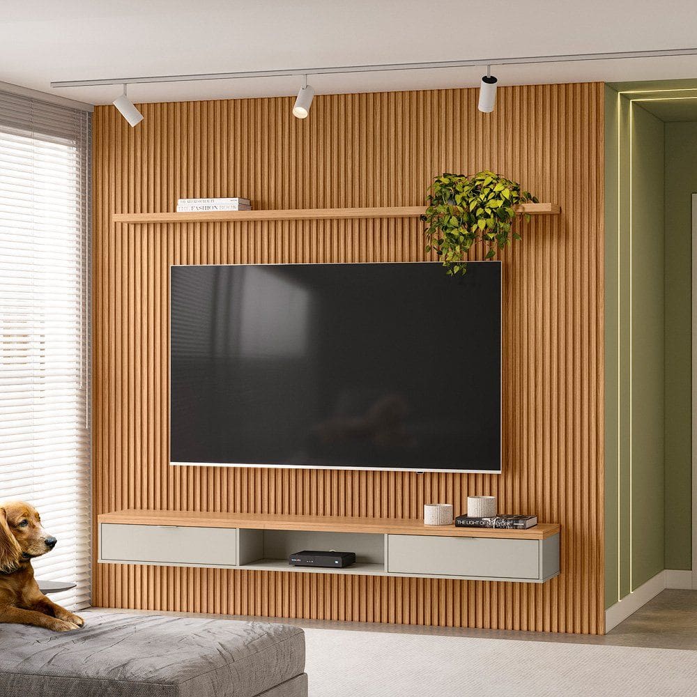 Painel Ripado Modular 2.6 Para Sala Estar TV Até 75 Polegadas 1 Nicho 1 Prateleira 2 Portas