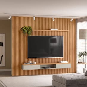 Painel Ripado Modular 3.0 Para Sala Estar TV Até 75 Polegadas 1 Nicho 1 Prateleira 2 Portas