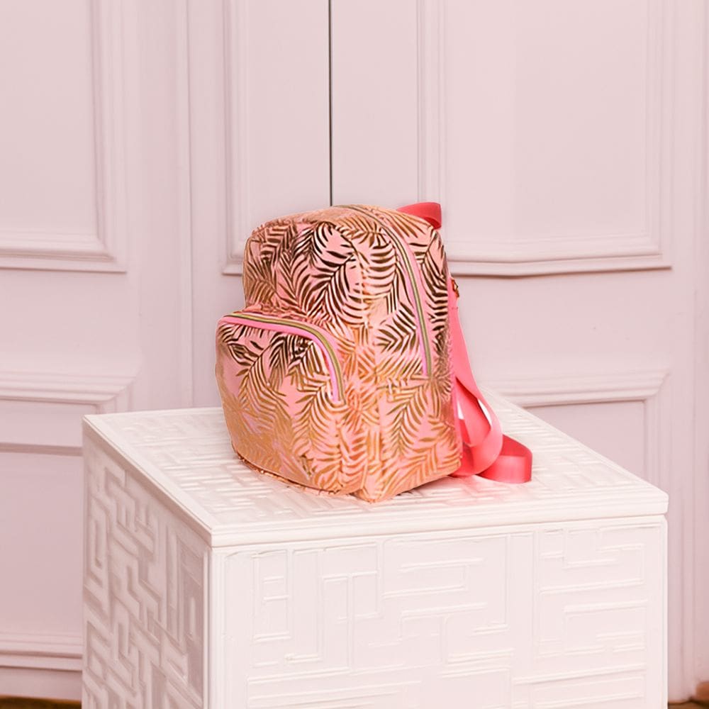Mochila de Costas Feminina Brilhosa Folhas Passeio Rosa