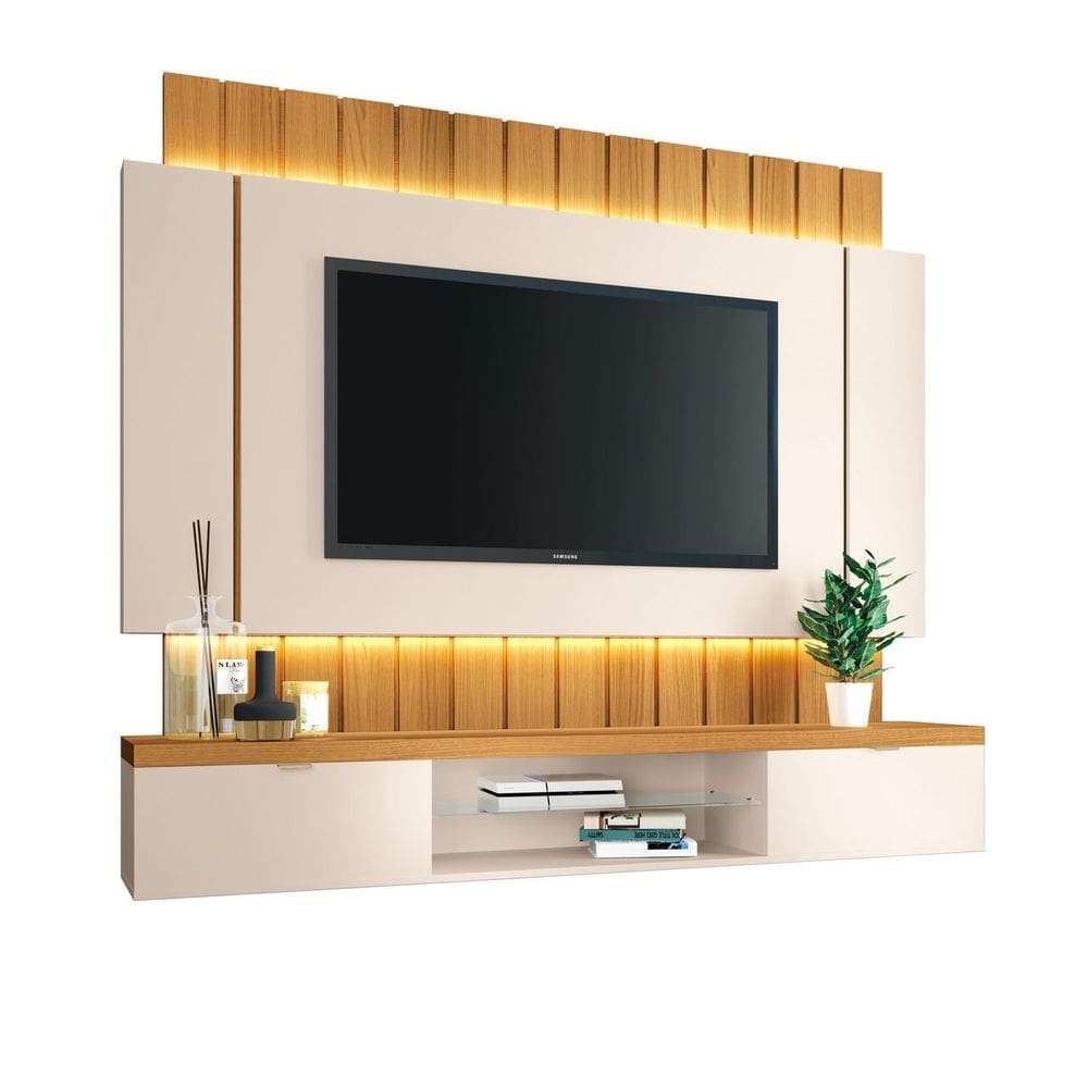 Painel Home Suspenso Ripado Led Sala Estar TV Até 55 Polegadas 2 Portas Basculantes E Prateleira De Vidro Illusion 1.8