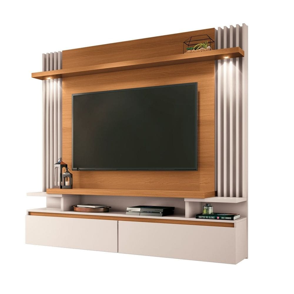 Painel Home Suspenso Detalhes Ripado 2 Luminárias Led Sala Estar TV Até 55 Polegadas 2 Portas Basculante 1 Prateleira Cosmo