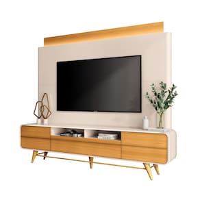 Estante Home Theater C/ Fita LED Sala Estar TV Até 85 Polegadas 3 Portas Pés De Madeira Nobre