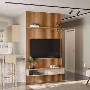 Painel Ripado Modular 1.4 Para Sala Estar TV Até 60 Polegadas 1 Nicho 1 Prateleira 1 Porta