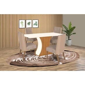 Conjunto: Mesa de Cozinha Luiza SC15 Tampo Madeirado c/ Vidro Canto Curvo 160x90cm e 4 Cadeiras Anne Nature/Courano/Creme - Henn