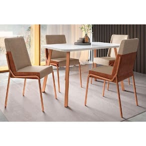 Conjunto: Mesa de Cozinha Ariel Menor 1602 Tampo Madeirado c/ Vidro 120x80cm e 4 Cadeiras Hug Rose/Off White - Rose/Areia - Caramelo - Carraro