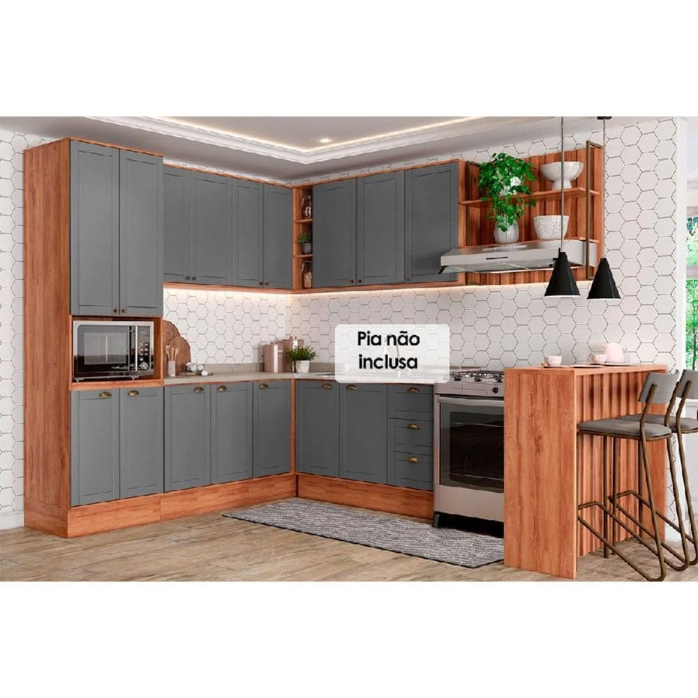 Kit de Cozinha Completa 9 Peças Bella (3Aéreos+3Balcões+1TorreQuente+1Ilha+1Complemento) C9P199 Nogal/Cinza - Carraro