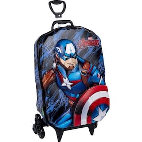 Mochila Infantil 3D Capitão América Azul com Rodinha Tripla