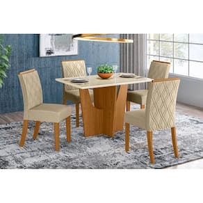 Conjunto: Mesa de Cozinha Vértice Tampo Madeirado c/ Vidro Reto 120x80cm e 4 Cadeiras Vita Nature/Linho - Henn