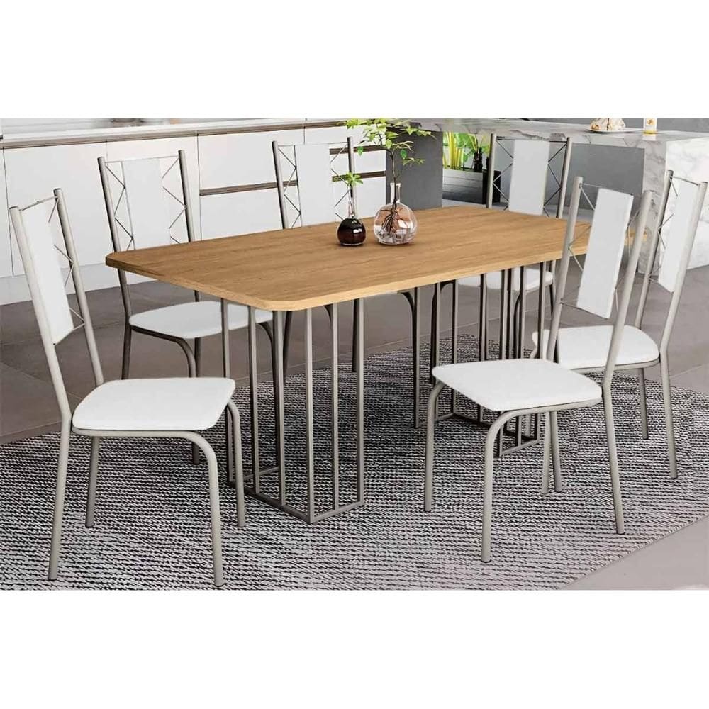 Conjunto: Mesa de Cozinha Duina c/ Tampo de Madeira 160cm e 6 Cadeiras Lisboa Niquel/Freijo - Courano Branco - Kappesberg