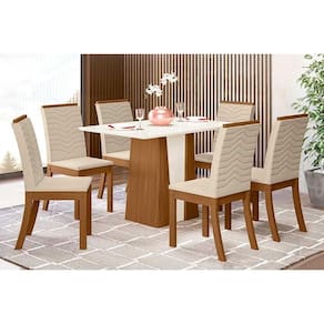 Conjunto: Mesa Sala Jantar Orus Tampo Madeirado c/ Vidro 120x80cm e 6 Cadeiras Isa Nature/Linho - Henn