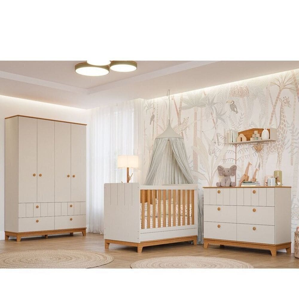 Quarto de Bebê 1 Berço 1 Cômoda 6 Gavetas 1 Guarda Roupas 4 Portas 4 Gavetas Chantilly Off White/Marrom