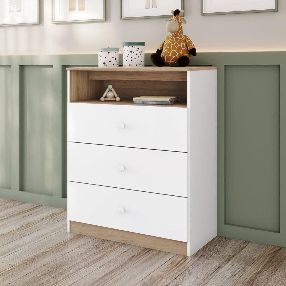 Cômoda Magia 3 Gavetas Inclui Nicho para Decoração Branco/Jequitibá