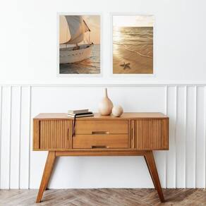 Kit 2 Quadros Praia Bege - Mar E Barco 45X34Cm