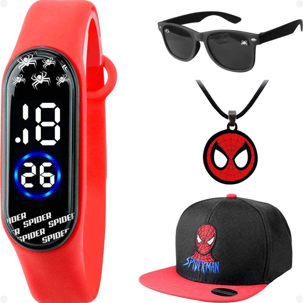 Relógio Digital Infantil Resistente + Óculos + Boné Preto Adolescente Vermelho + Colar