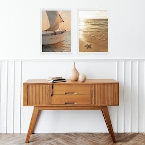 Kit 2 Quadros Praia Bege - Mar E Barco 45X34Cm - Com Vidro