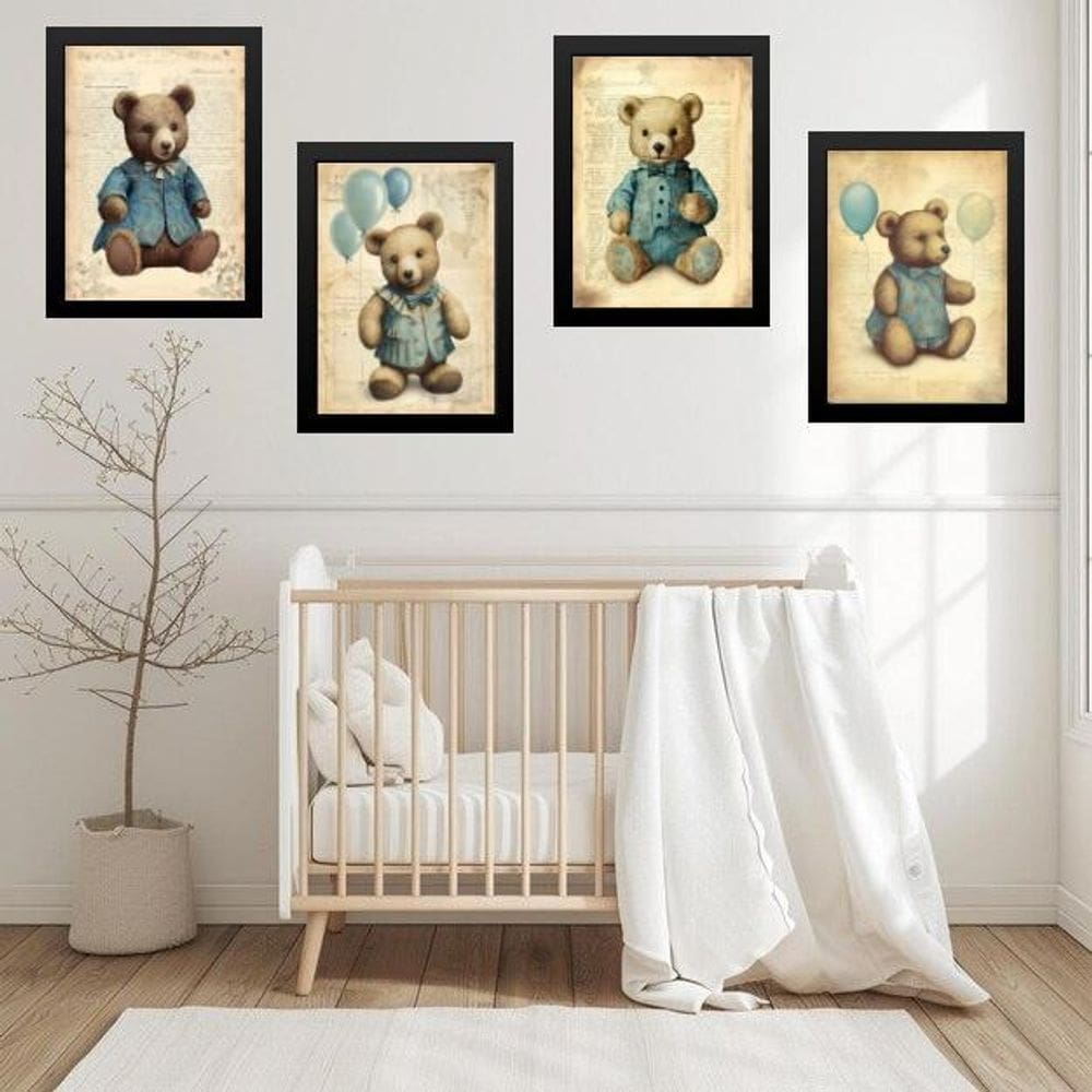 Kit 4 Quadros Quarto Bebê Ursos Vintage 24X18Cm