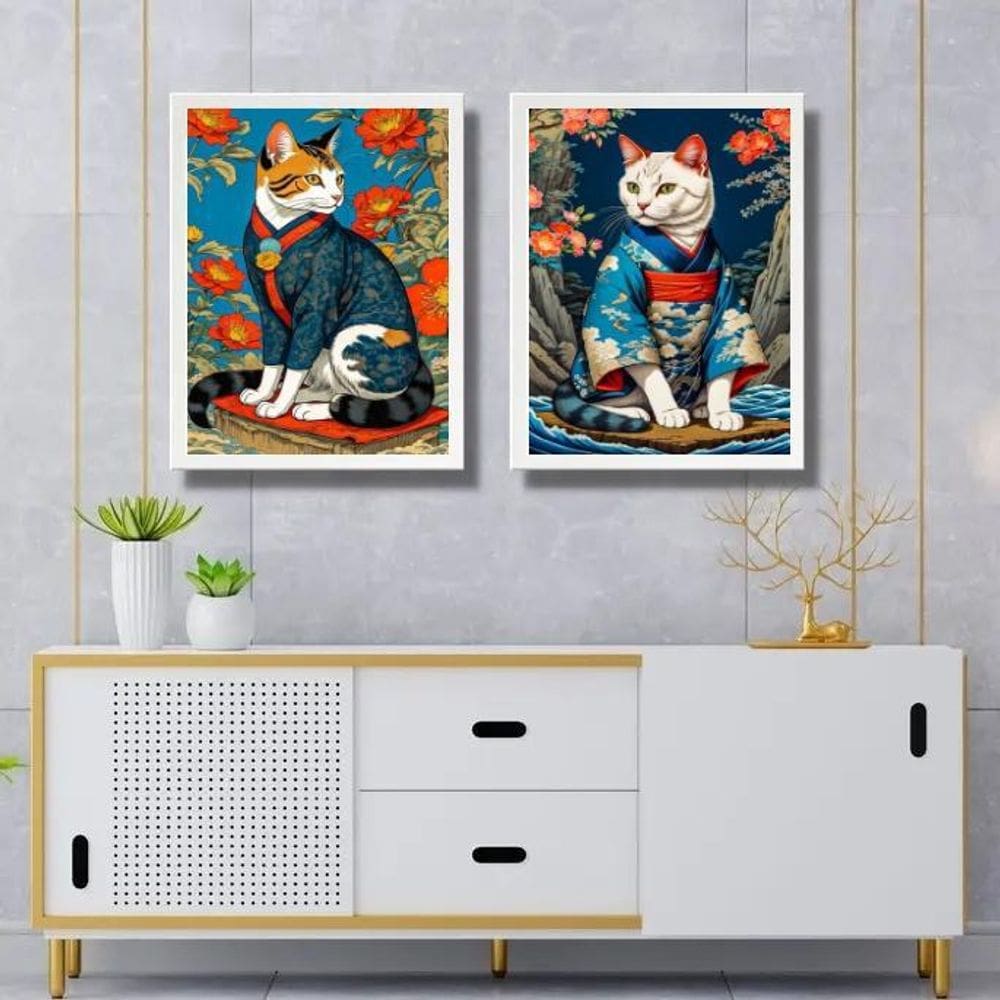 Kit 2 Quadros Arte Oriental - Gatos De Kimono 33X24Cm
