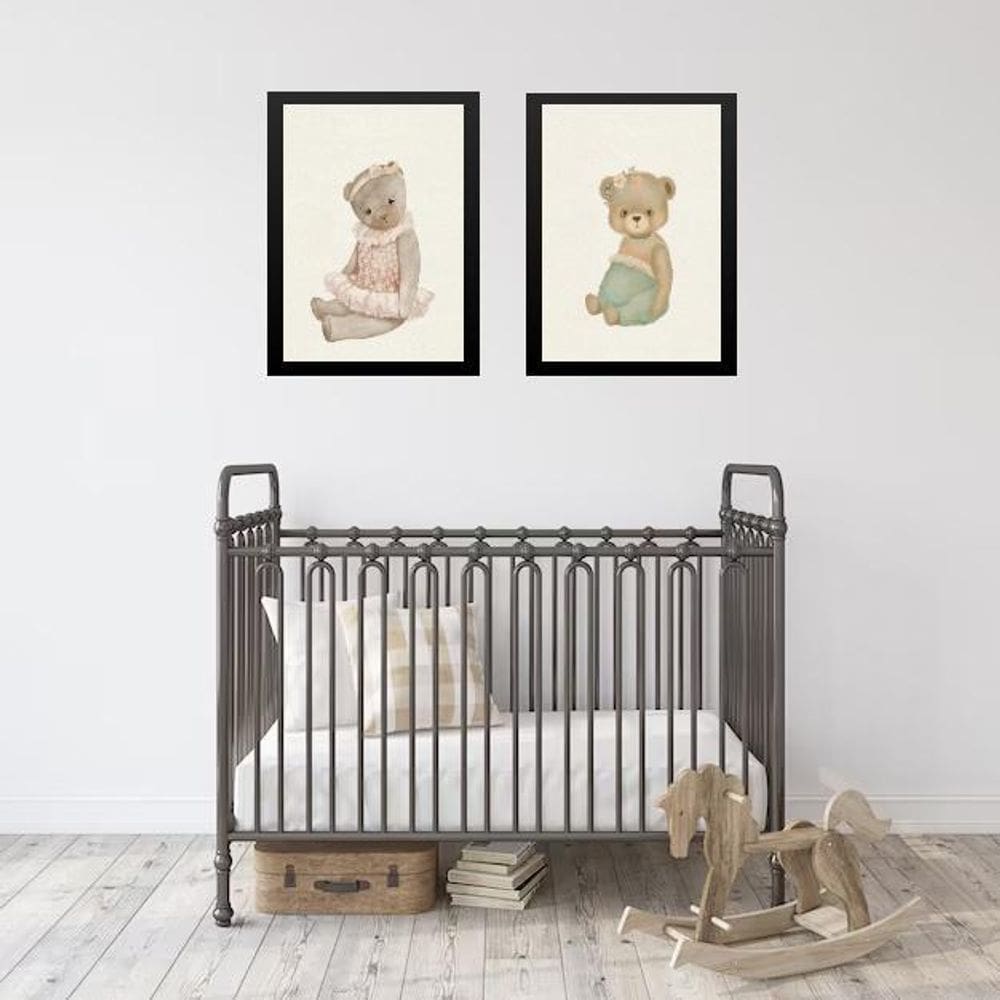 Kit 2 Quadros Quarto De Bebê Ursinhas Vintage 45X34Cm