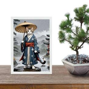 Quadro Arte Oriental Gato Samurai 45X34Cm