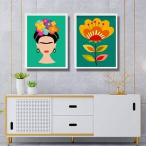 Kit 2 Quadros Decorativos Gravuras Frida E Flores 24X18Cm