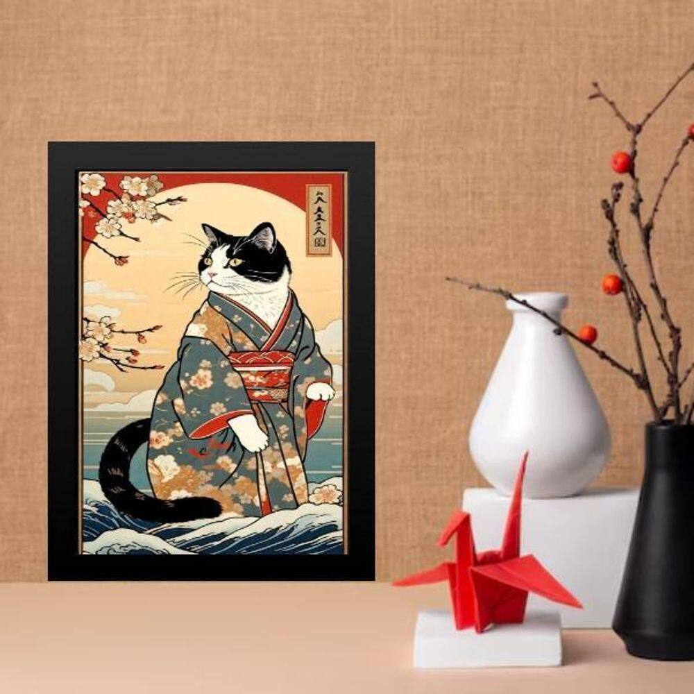 Quadro Arte Oriental Gato Com Paisagem 33X24Cm - Com Vidro